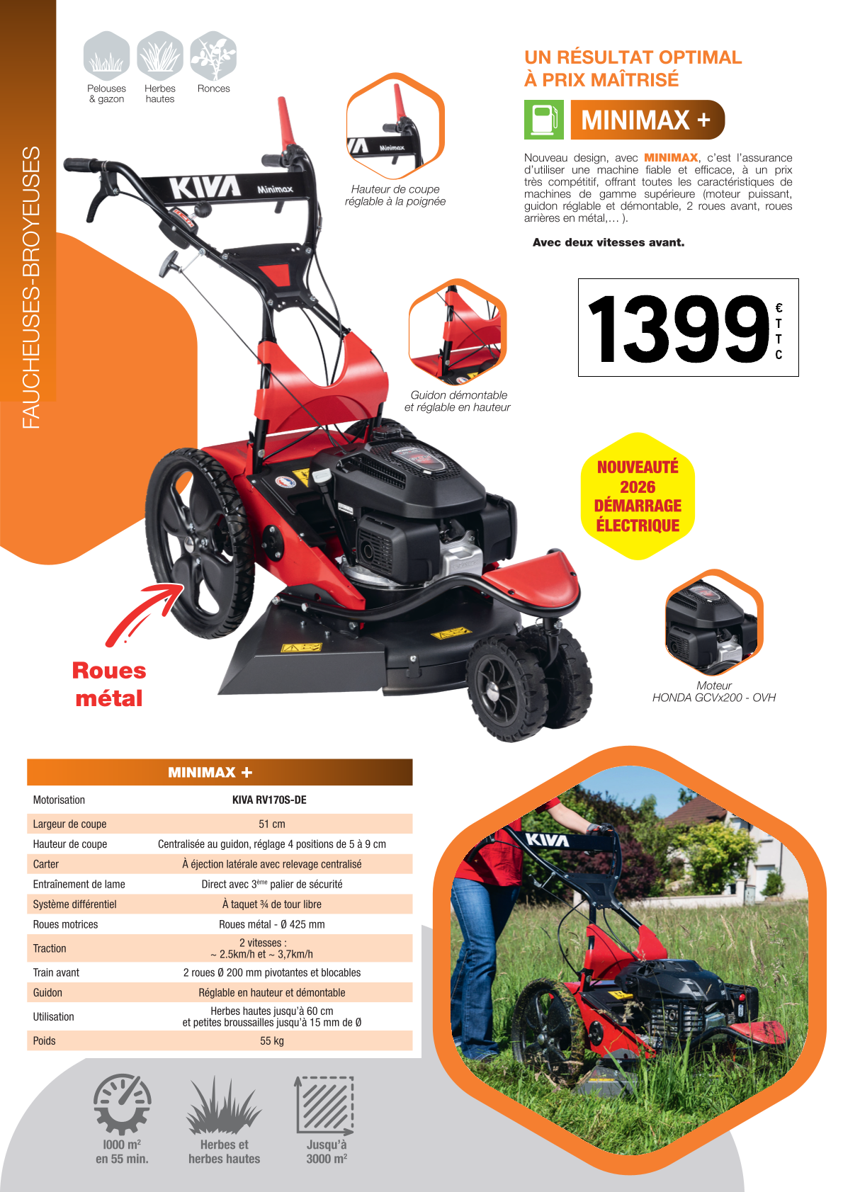 Tondeuse débroussailleuse Kiva Minimax + démarrage à batterie & 2 vitesses