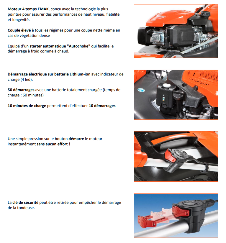 Tondeuse Oleo Mac G 53 TKE Comfort Plus - Démarrage batterie - 166cm3 - Tractée - Carter acier 51cm - Ramassage & éjection arrière