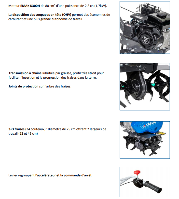 Motobineuse Staub Maxibêche K – 80cm3 – 1 vitesse avant – 6 fraises – largeur de travail 22 à 45cm