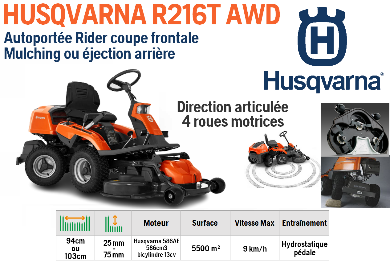 Rider Husqvarna R216T AWD - 4x4 - 656cm3 - carter 103cm - 3 lames