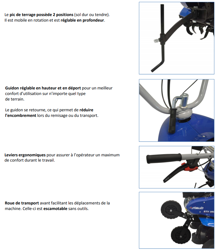 Motobineuse Staub STV 3800 R - 208cm3 - 2 vitesses avant / 1 vitesse arrière - 6 fraises - largeur de travail 35-55-80cm