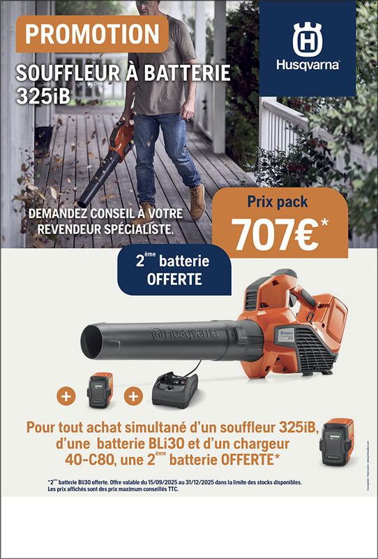Souffleur à batterie Husqvarna 325iB pack avec batterie BLi30 + chargeur 40-C80 + 2ème batterie BLi30 offerte