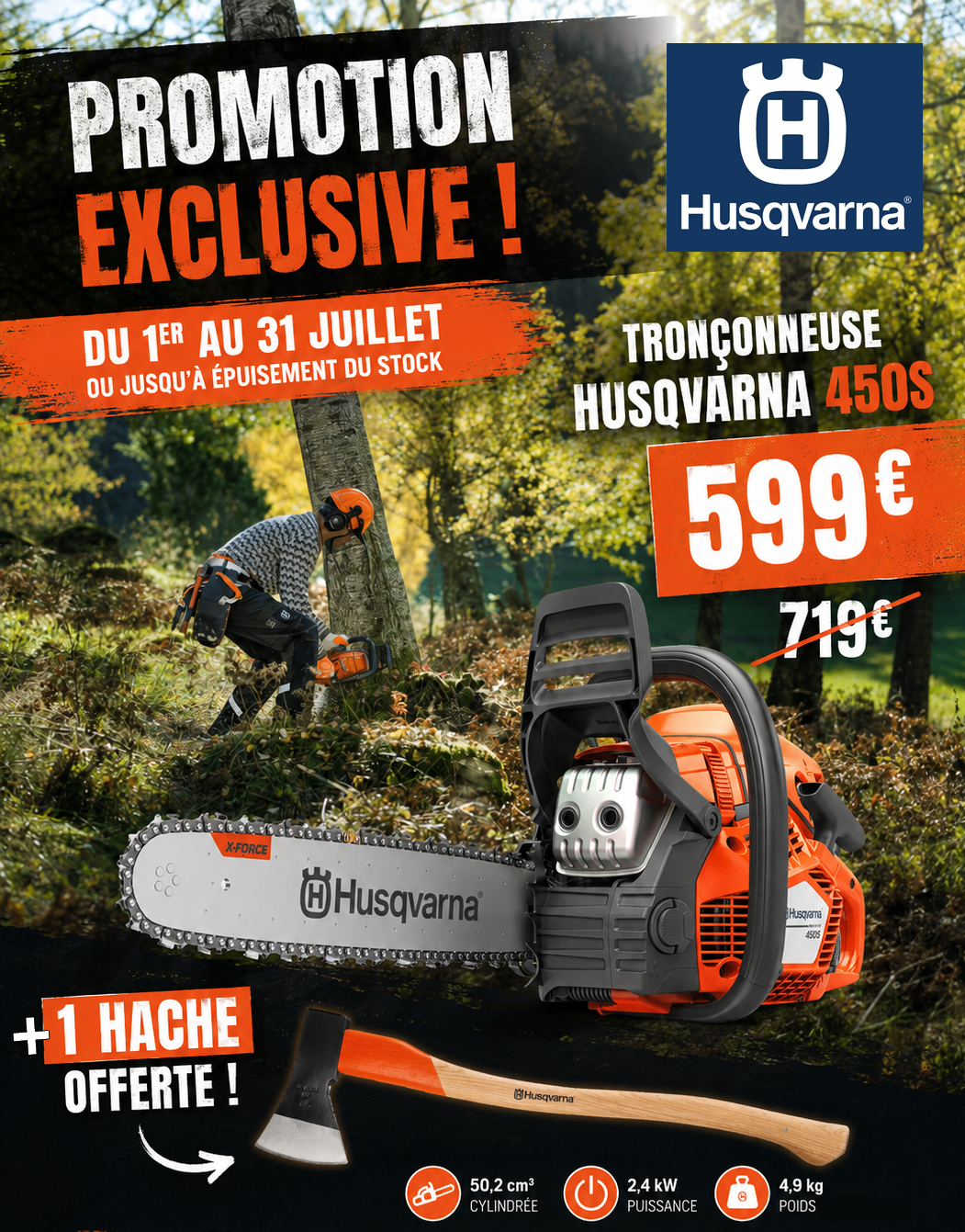 Tronçonneuse Husqvarna 450S - .325 - 1,3mm - Guide 45cm - 50 cm3 - 5,1 kg