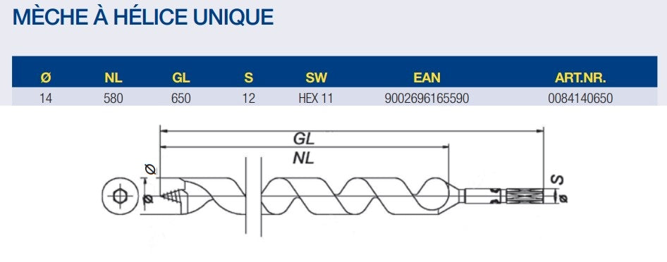 Mèche à bois FISCH 0084140650 – Longueur 650mm – Ø 14 mm