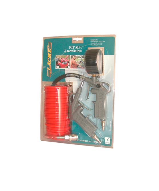Kit MF Lacme 325.702 : 1 soufflette bec court – 1 pistolet de gonflage homologué – 1 tuyau spiral Ø 6×8 mm long 5 m