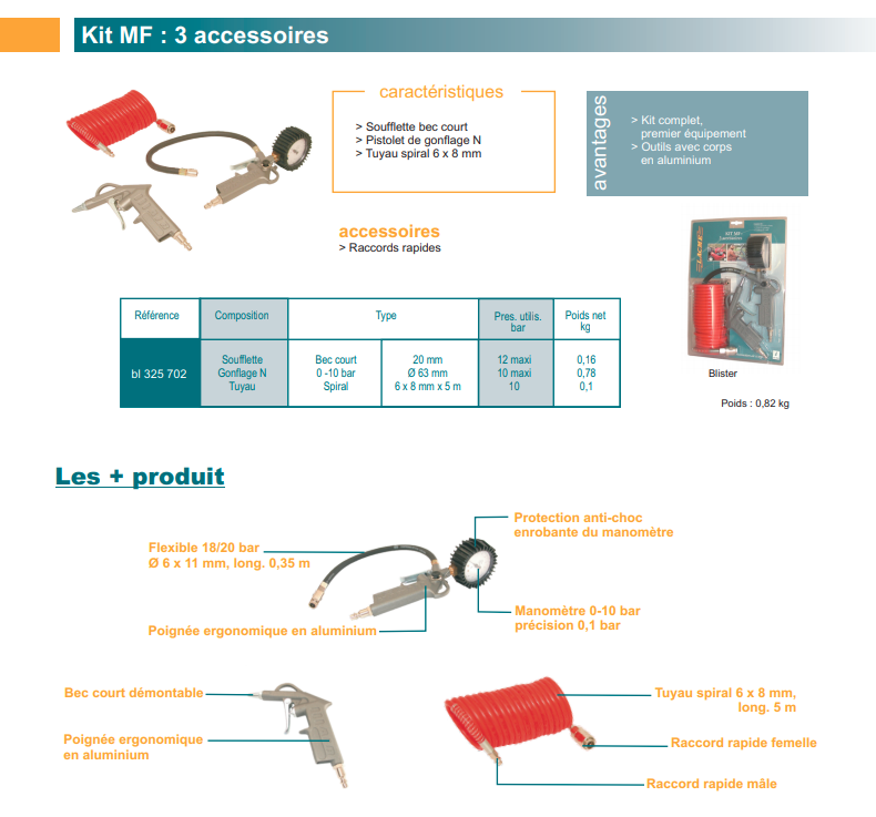 Kit MF Lacme 325.702 : 1 soufflette bec court – 1 pistolet de gonflage homologué – 1 tuyau spiral Ø 6×8 mm long 5 m