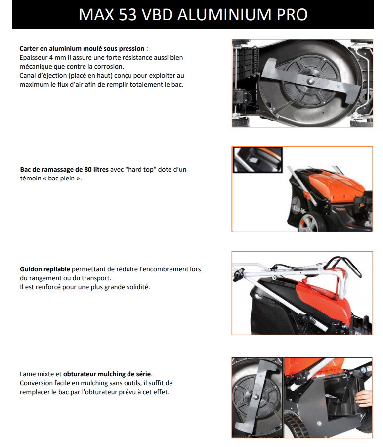 Tondeuse professionnelle Oleo Mac Max 53 VBD Alu Pro - 161cm3 - Tractée - Carter alu 51cm - Ramassage, mulching, éjection arrière