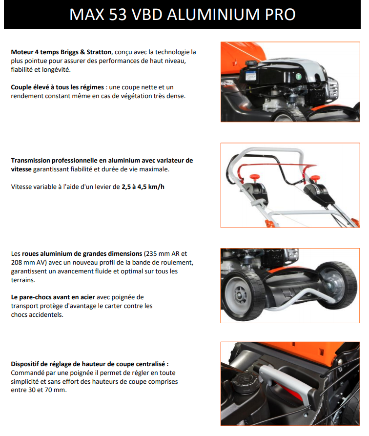 Tondeuse professionnelle Oleo Mac Max 53 VBD Alu Pro - 161cm3 - Tractée - Carter alu 51cm - Ramassage, mulching, éjection arrière