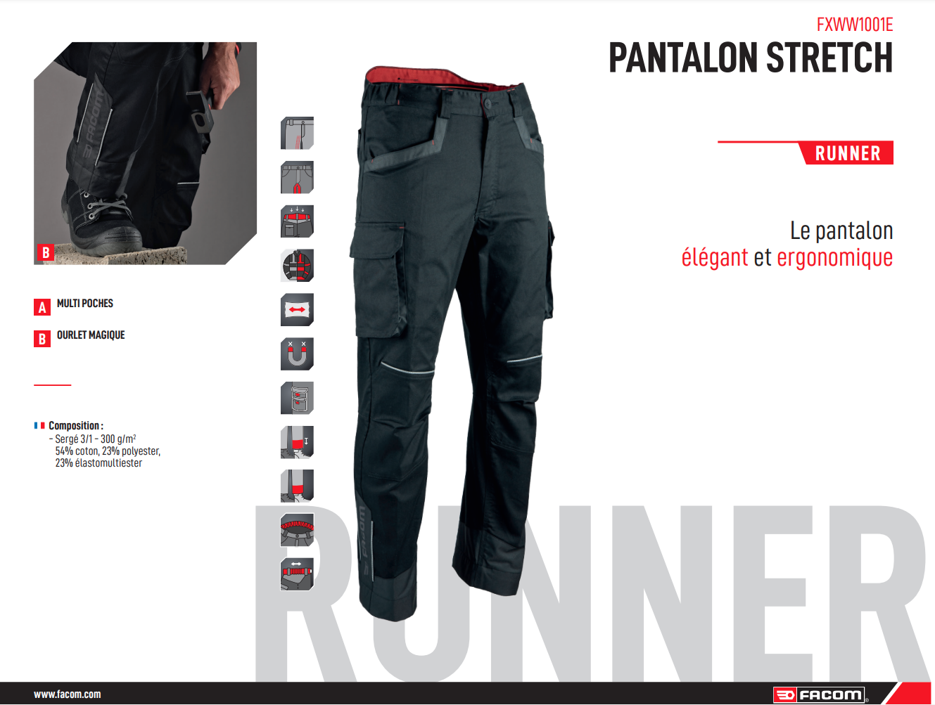 Pantalon de travail stretch multipoches Facom RUNNER