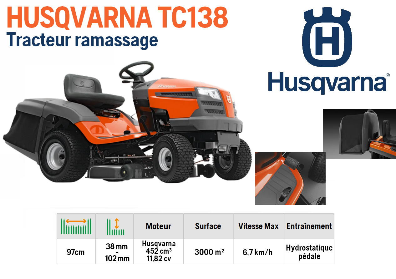 Tracteur tondeuse Husqvarna TC138 - ramassage - coupe 97cm - 452cm3