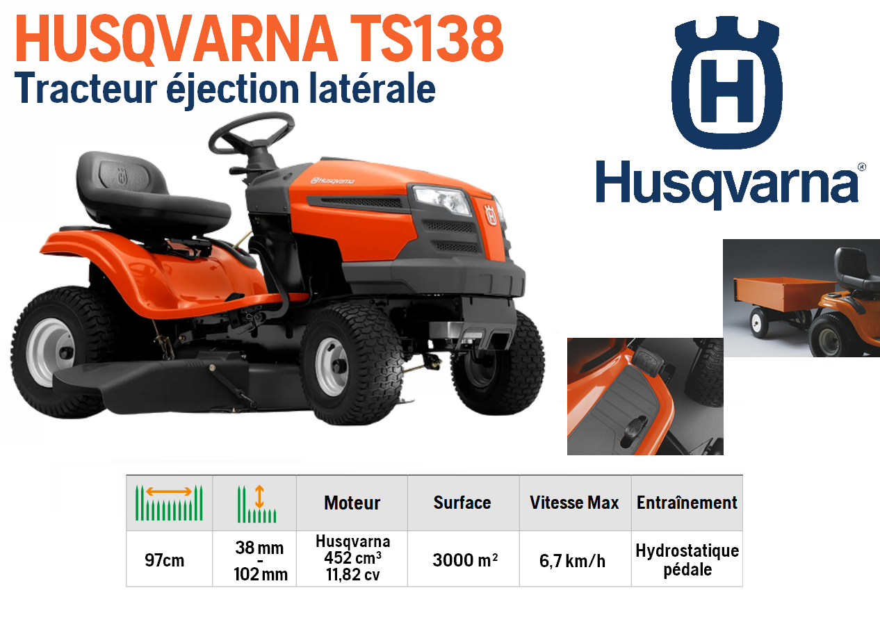 Tracteur tondeuse Husqvarna TS138 - éjection latérale - coupe 97cm - 452cm3